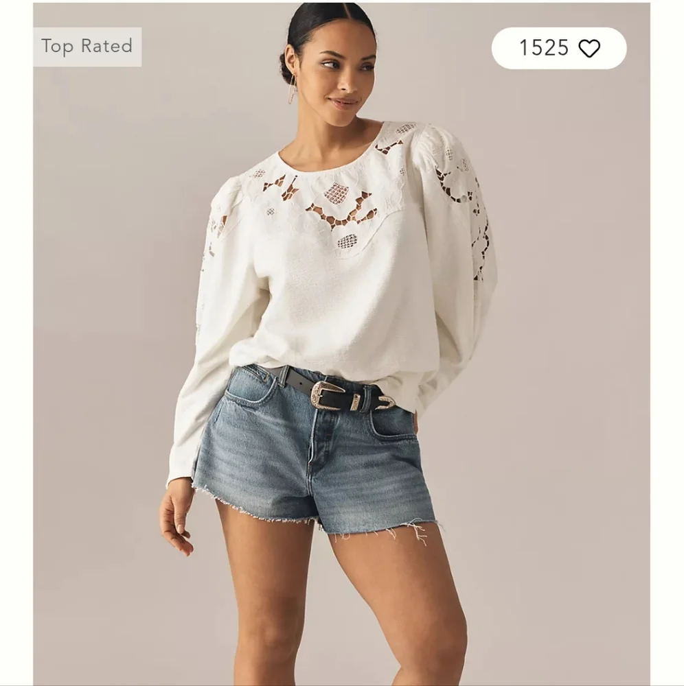 Anthropologie Lace Cutwork Mutton-Sleeve Top, Size Large - Picture 5 of 12